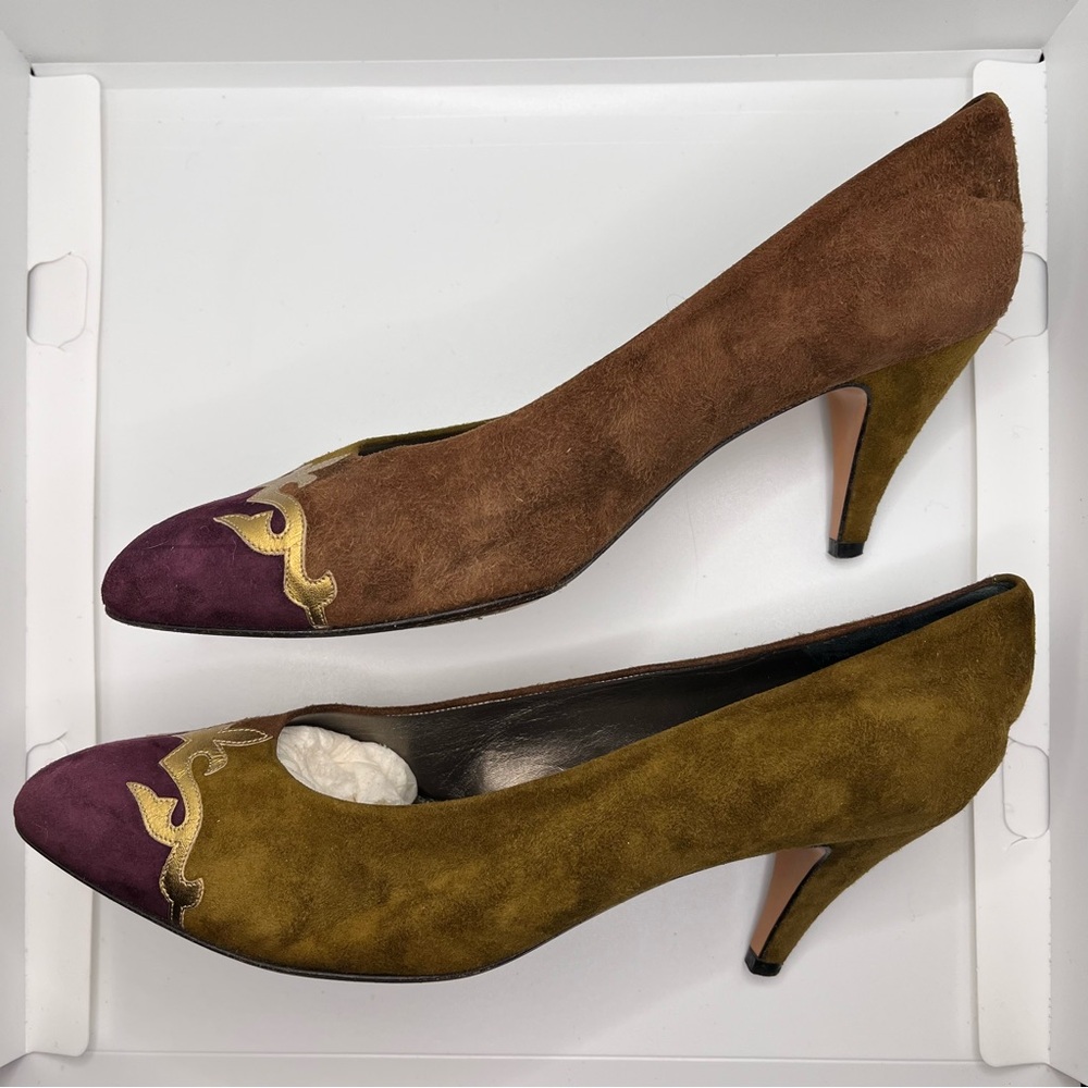 Vintage Bally Suede Multicolour Heels shoes Gold Pointed Toe Italy Rosalyn Pumps - Picture 3 of 12